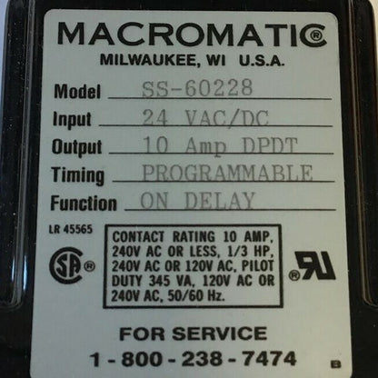 MACROMATIC TIME DELAY RELAY SS-60228 24VAC/DC 10A DPDT PROGRAMMABLE3