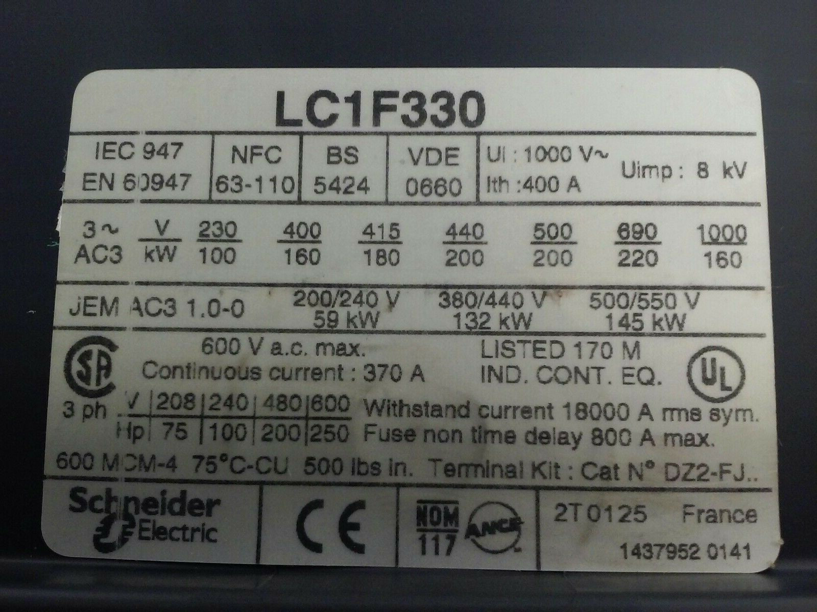 TELEMECANIQUE LC1F330 CONTACTOR,3PH,600VAC, 370A, 250HP, 120/127V 40/400HZ COIL1