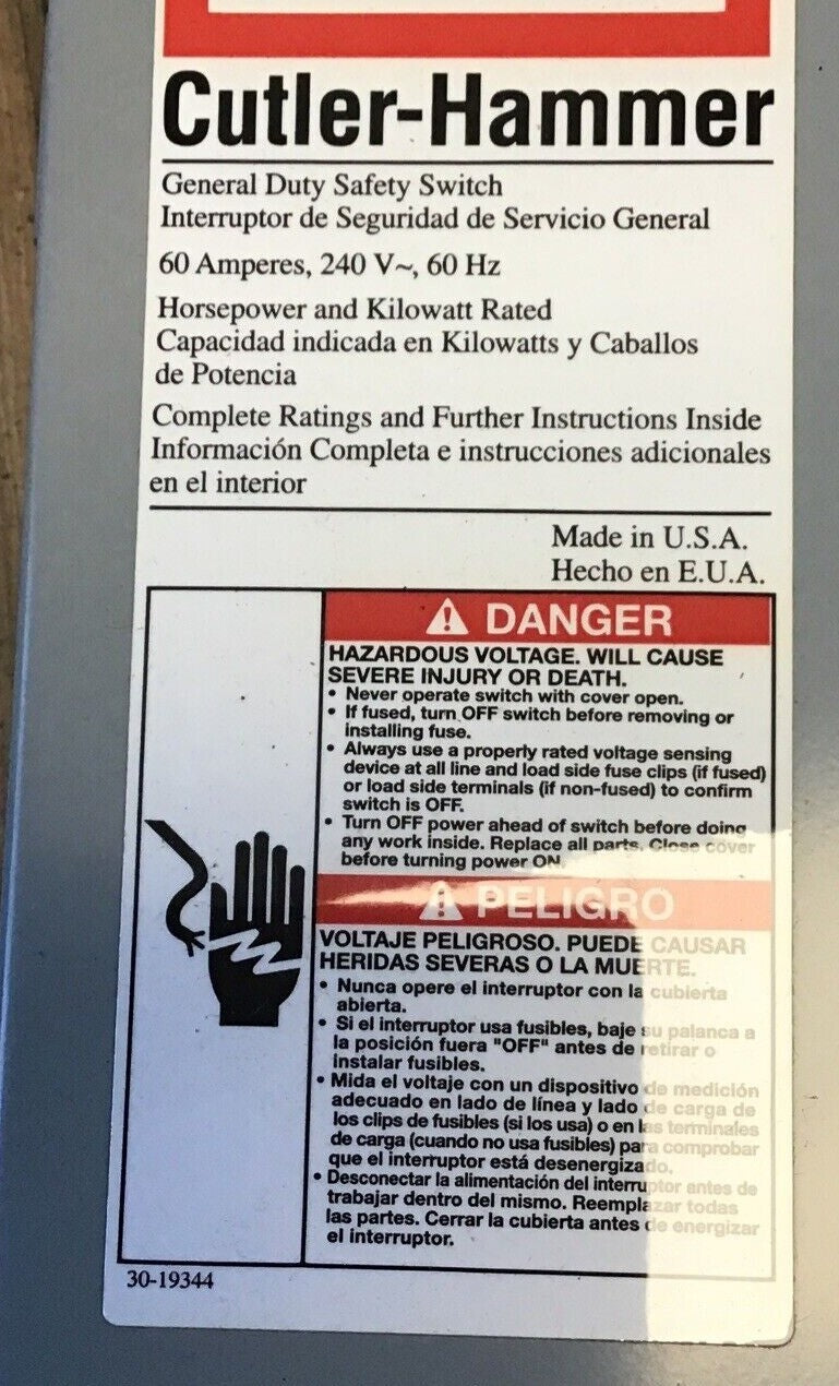 CUTLER HAMMER DG222NGB GENERAL DUTY SAFETY SWITCH 60A 240V INDOOR3