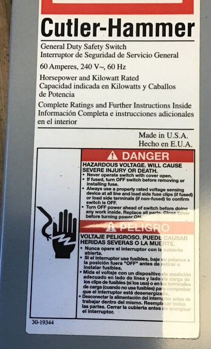CUTLER HAMMER DG222NGB GENERAL DUTY SAFETY SWITCH 60A 240V INDOOR3