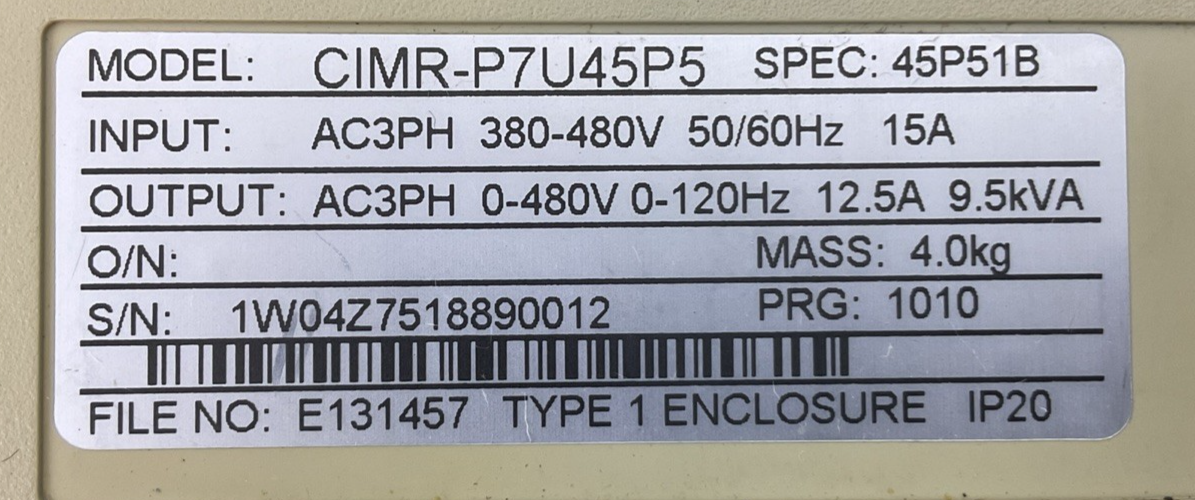 YASKAWA CIMR-P7U45P5 AC DRIVE OUTPUT 3PH 0-480V 12.5A 9.5kVA INPUT 3PH 380-480V1