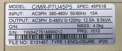 YASKAWA CIMR-P7U45P5 AC DRIVE OUTPUT 3PH 0-480V 12.5A 9.5kVA INPUT 3PH 380-480V1