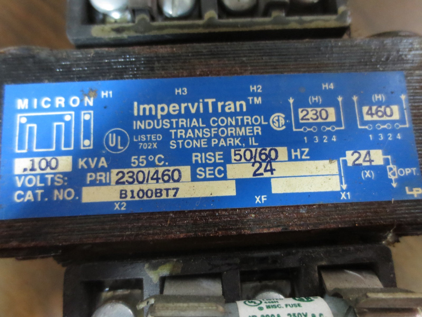 MICRON / IMPERVITRAN B100BT7 CONTROL TRANSFORMER 230/460V-- 24V, .100KVA2