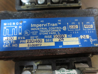 MICRON / IMPERVITRAN B100BT7 CONTROL TRANSFORMER 230/460V-- 24V, .100KVA2