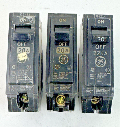 GE *LOT OF 3* - THQB120 - CIRCUIT BREAKERS - 1 POLE, 20 A, 240 VAC, TYPE THQB1