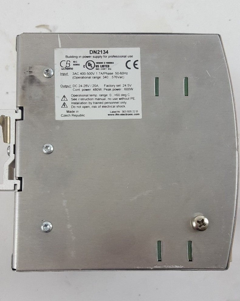 IFM DN2134 POWER SUPPLY 3AC 400-500V 1.7A/PHASE OUTPUT 24-28 VDC 600W 20A3