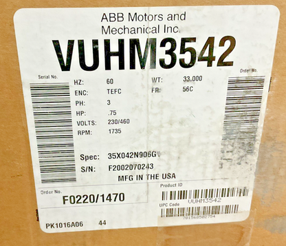 BALDOR VUHM3542 INDUSTRIAL MOTOR .75HP 60HZ 3PH 230/460V 1735RPM1