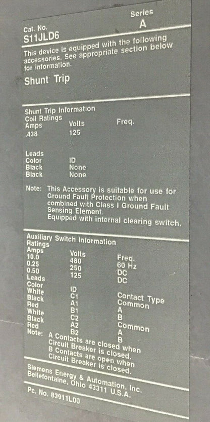 SIEMENS HJXD63S400A 400A MOLDED CASE  SWITCH W/SHUNT S11JLD6 & A01JLDLY SENTRON 4