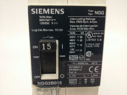 SIEMENS, NGG2B015, TYPE NGG CIRCUIT BREAKER, 2P, 15A, 600VAC/250VDC, 65KA, USED1
