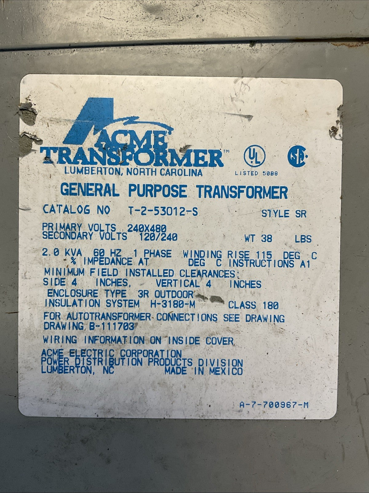 ACME T-2-53012-S TRANSFORMER PRI 240X480V SEC 120/240V 2.0KVA 1PH1