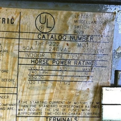 GENERAL ELECTRIC TYPE QMR PANELBOARD UNIT 60A 240V THFP222 MOD.1 250VDC10