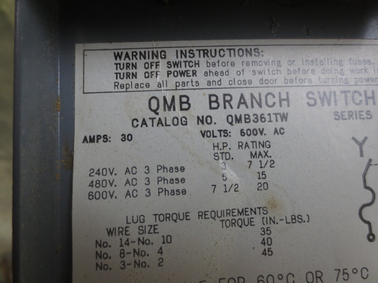 SQUARE D QMB361TW PANELBOARD SWITCH 30A, 600VAC 3-POLE3
