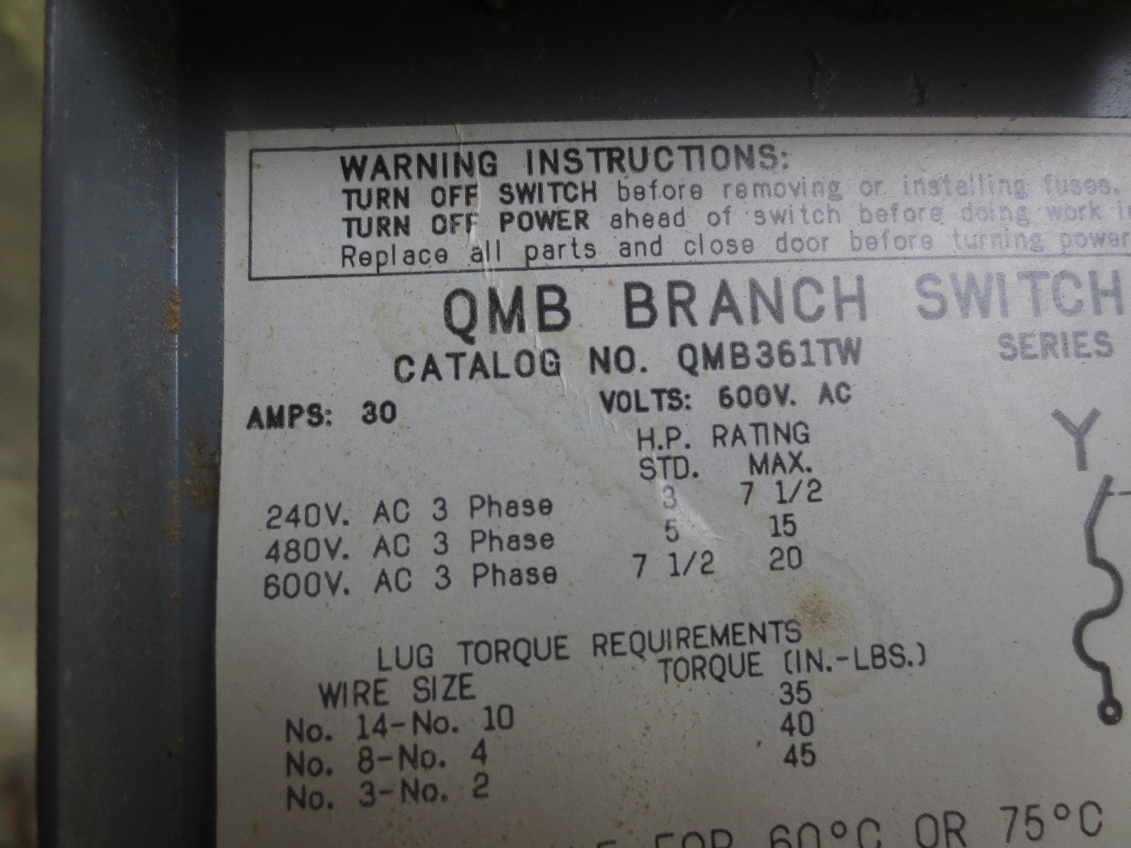 SQUARE D QMB361TW PANELBOARD SWITCH 30A, 600VAC 3-POLE3