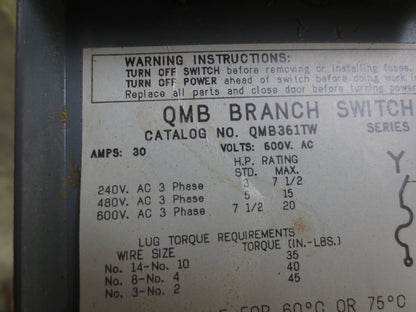 SQUARE D QMB361TW PANELBOARD SWITCH 30A, 600VAC 3-POLE3
