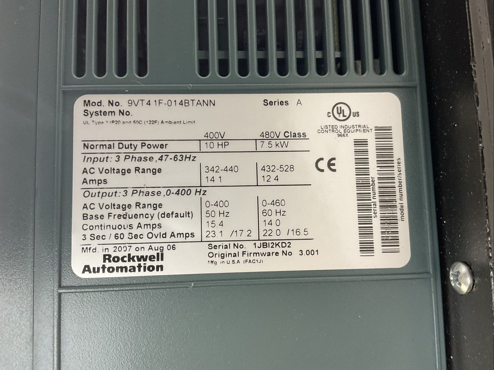 ROCKWELL AUTOMATION 9VT41F-014BTANN AC DRIVE SER A 400V 10HP FIRMWARE NO 3.0011