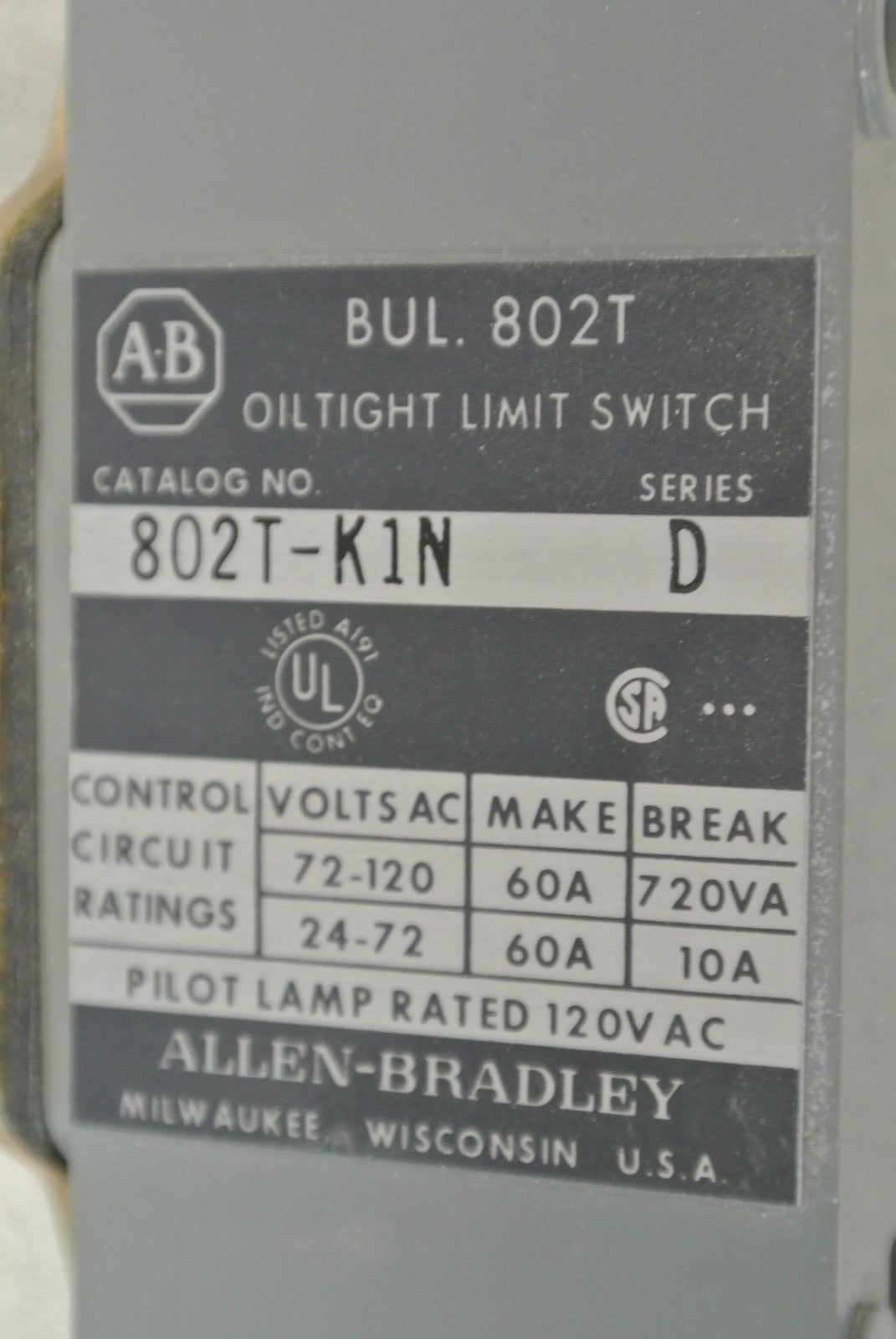 ALLEN-BRADLEY 802T-K1N Series D / OILTIGHT LIMIT SWITCH /  / NEW SURPLUS1