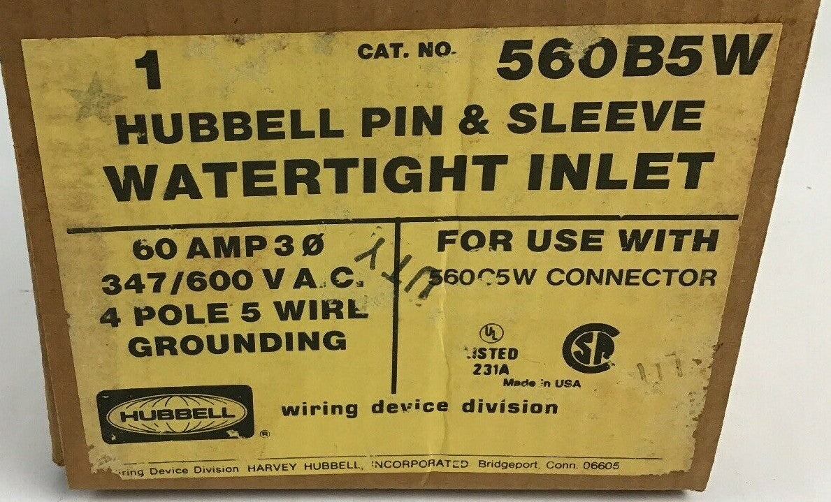 HUBBELL 560B5W WATERTIGHT INLET PIN&SLEEVE 4POLE 5 WIRE 60A 347/600VAC 1