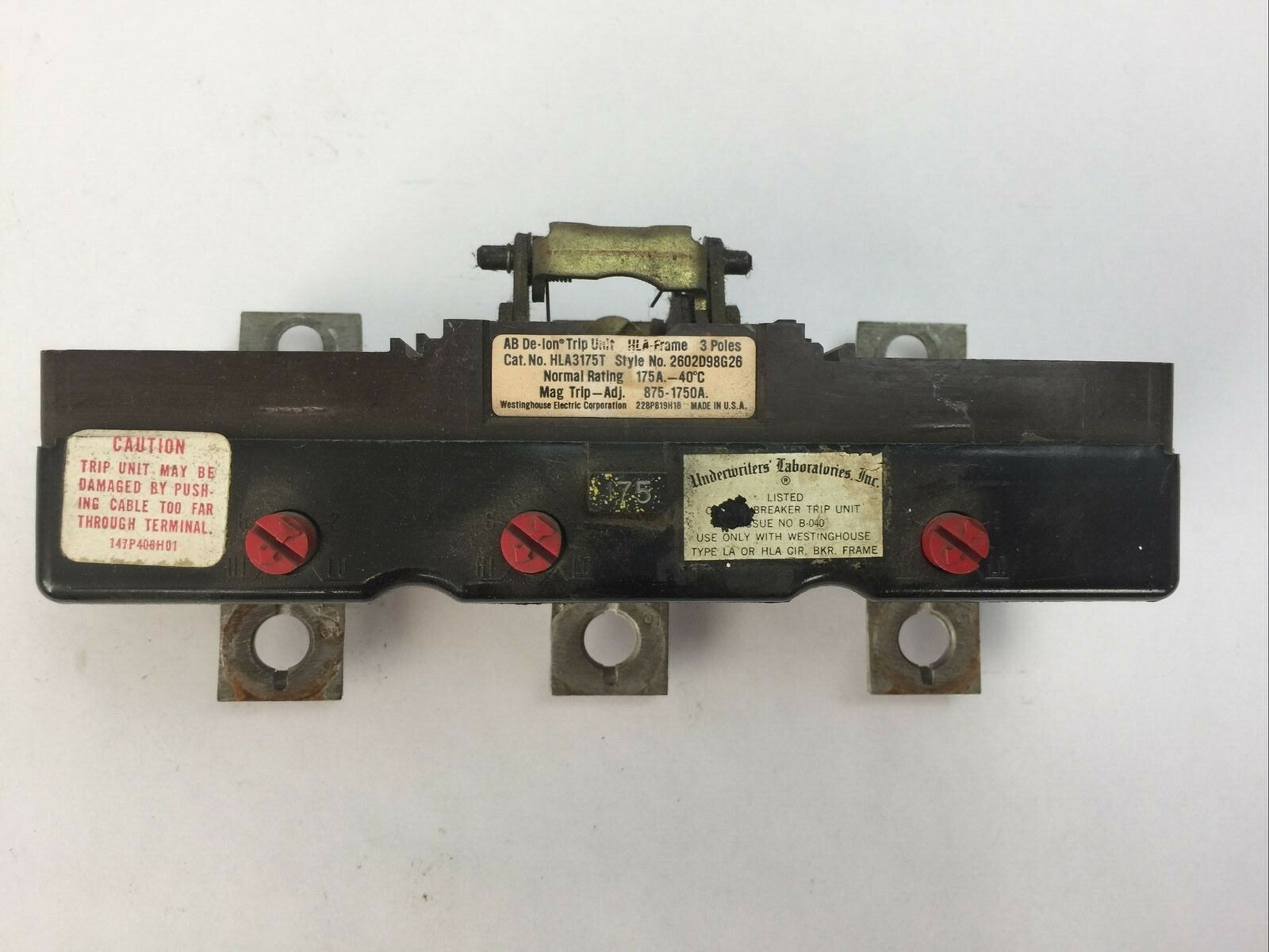 WESTINGHOUSE HLA3175T AB DE-ION TRIP UNIT 175AMP 3POLE MAG TRIP ADJ 875-1750A0