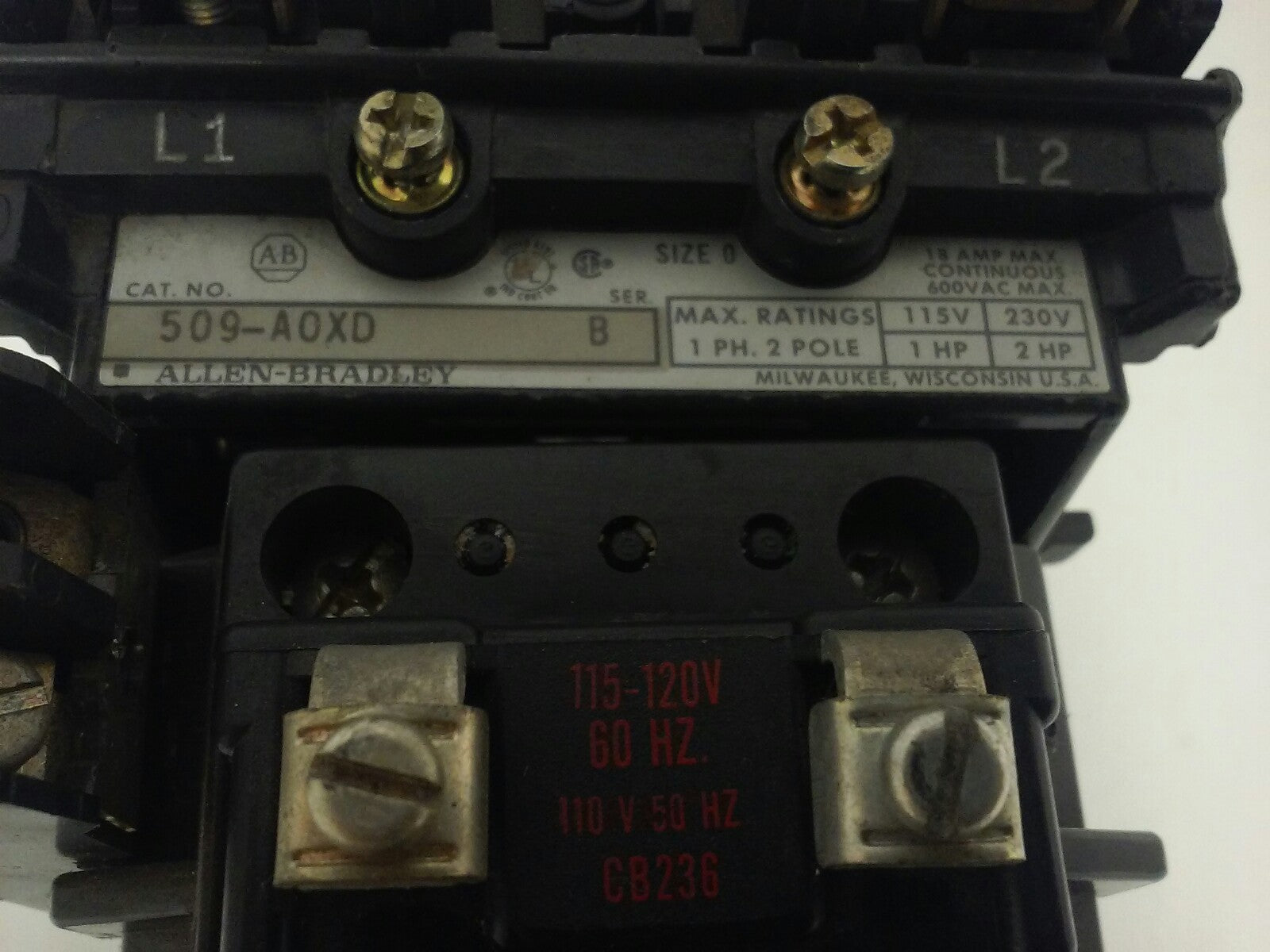 ALLEN BRADLEY 509-AOXD, SER. B, STARTER, 120V COIL CONTACTS GREAT CONDITION1