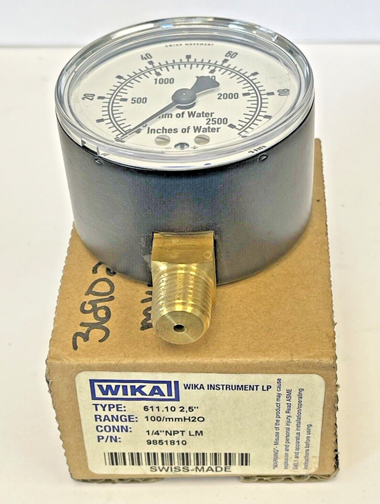 WIKA - 9851810 - LOW PRESSURE GAUGE - 2.5" DIAMETER, 1/4" NPT LM, 0-100 PSI0