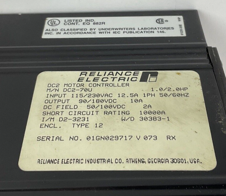 RELIANCE DC2-70U MOTOR CONTROLLER 115/230VAC 12.5A 1.0/2.0HP  MISSING KNOB1