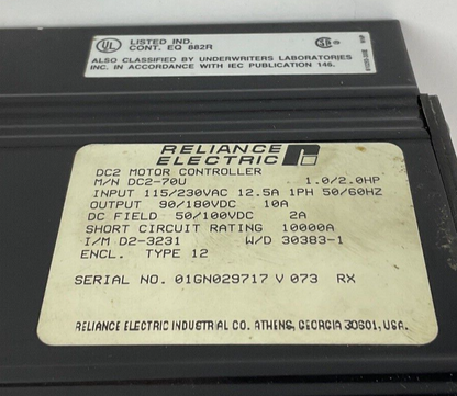 RELIANCE DC2-70U MOTOR CONTROLLER 115/230VAC 12.5A 1.0/2.0HP  MISSING KNOB1