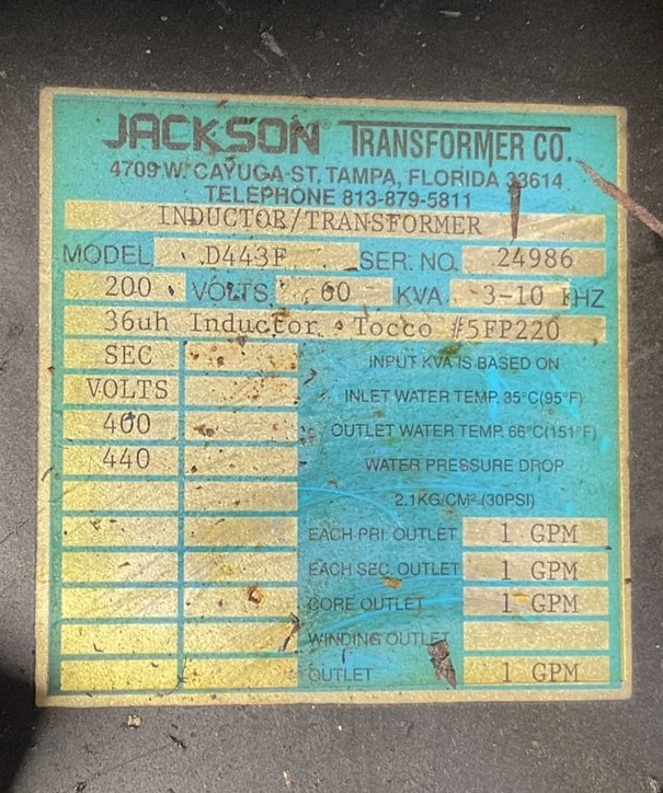 JACKSON TRANSFORMER D443F INDUCTOR / TRANSFORMER 60KVA 3-10HZ 200 VOLTS1