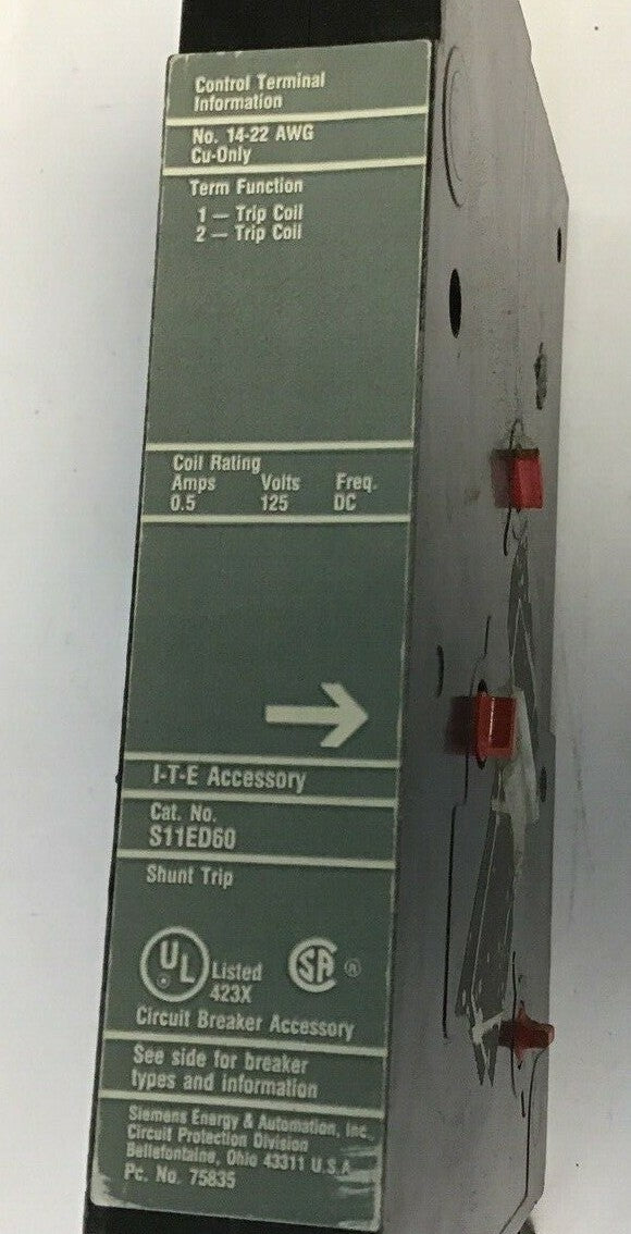 ITE SHUNT TRIP S11ED60 0.5A 125V FREQ.DC 1