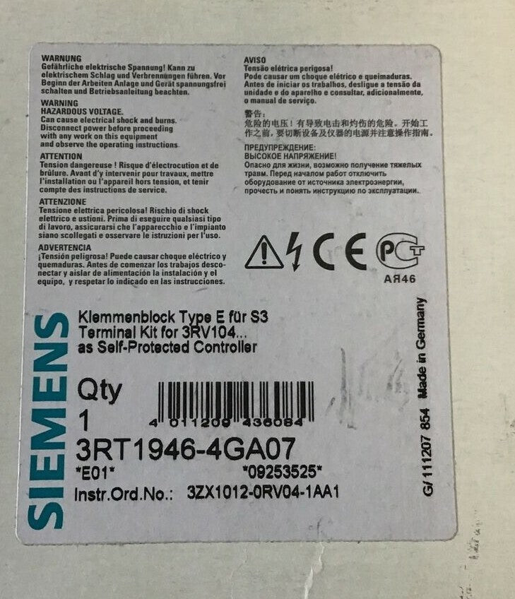 SIEMENS 3RT1946-4GA07 TERMINAL KIT W/ 3RT1946-4EA2 COVER 1