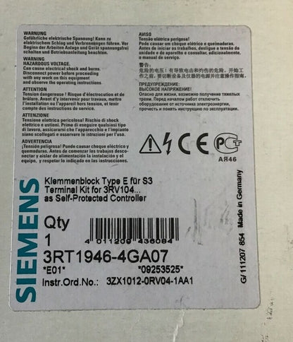 SIEMENS 3RT1946-4GA07 TERMINAL KIT W/ 3RT1946-4EA2 COVER 1