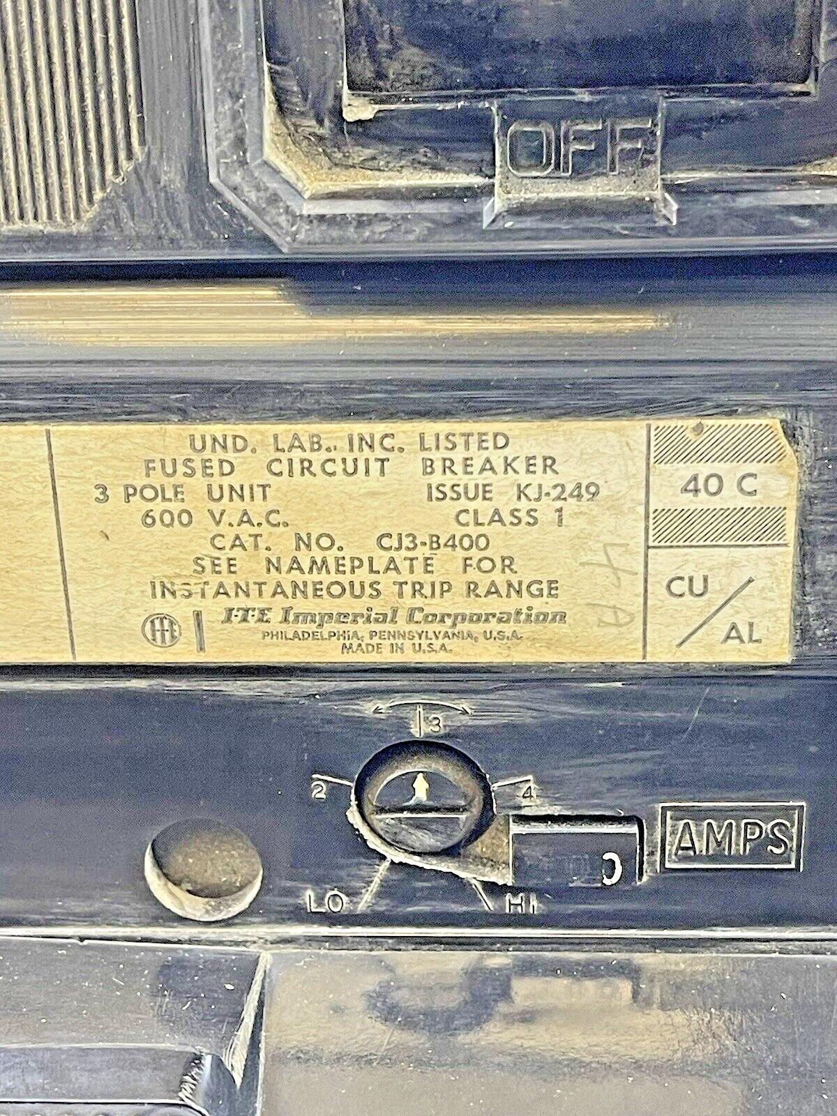 ITE - CJ3-B400 - FUSED CIRCUIT BREAKER - 400A/3 POLE/600VAC WITH 400 AMP TRIP2