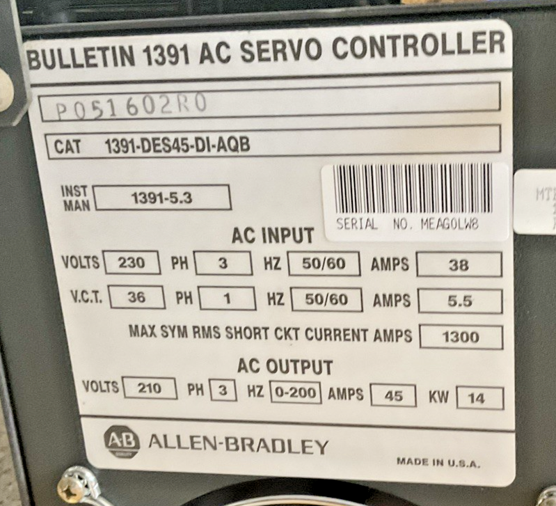 ALLEN BRADLEY 1391-DES45-DI-AQB AC SERVO CONTROLLER 230V 3PH 50/60HZ 38A2