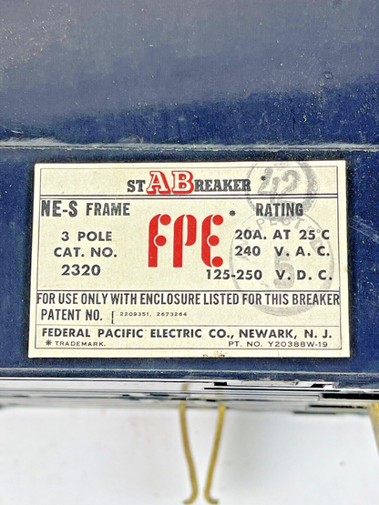 FEDERAL PACIFIC - 2320 - 3 POLE, 20A, 240 VAC AB CIRCUIT BREAKER - FPE2