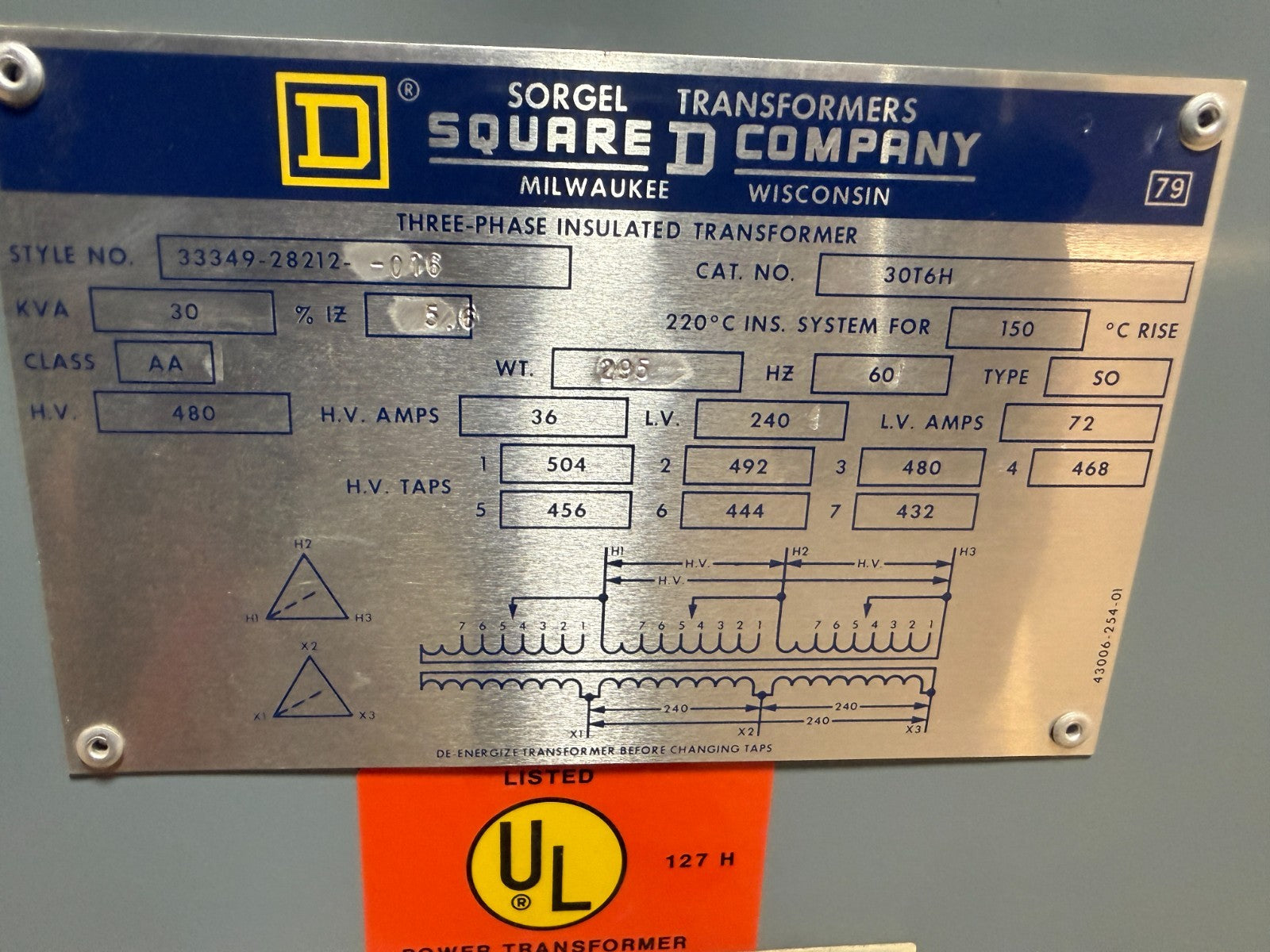SQUARE D 30T6H 3PHASE INSULATED TRANSFORMER 30KVA H.V. 480 36A L.V. 240 72A1