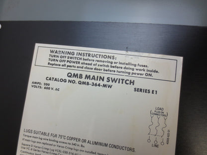 SQUARE D QMB-364-MW FUSIBLE PANEL SWITCH - 600VAC, 200A, 3-POLE2