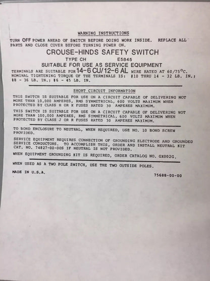 CROUSE-HINDS HU361AJ SAFETY SWITCH 30 AMPS 600 VAC 3 POLE NO NEUTRAL NO FUSES2