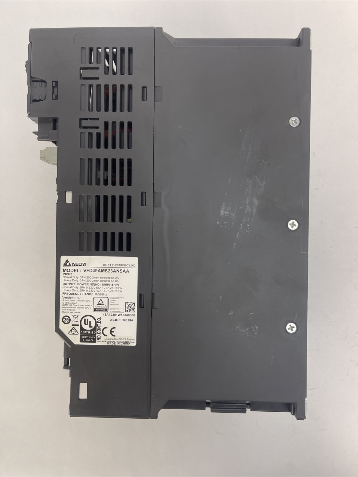 DELTA VFD49AMS23ANSAA DRIVE INPUT 200-240V OUTPUT 0-230V 51A 19.4KVA VER 1.072