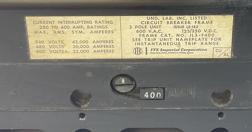 ITE JL3-F400 CIRCUIT BREAKER FRAME 400A 600VAC 125/250VDC 3POLE3