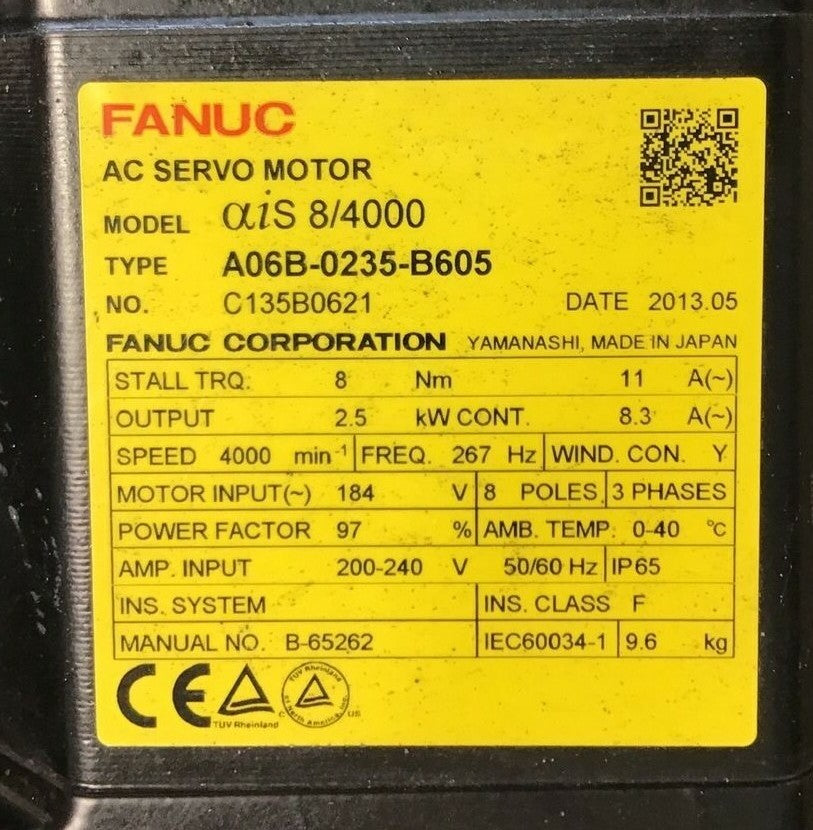FANUC A06B-0235-B605 AC SERVO MOTOR AIS 8/4000 200-240V 50/60HZ 8POLE 3 PHASE1