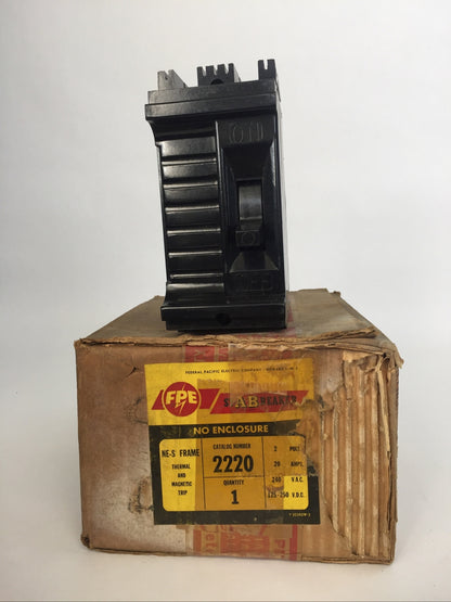 FPE 2220 CIRCUIT BREAKER NE-S FRAME 2POLE 20A 240VAC 125-250VDC FEDERAL PACIFIC0