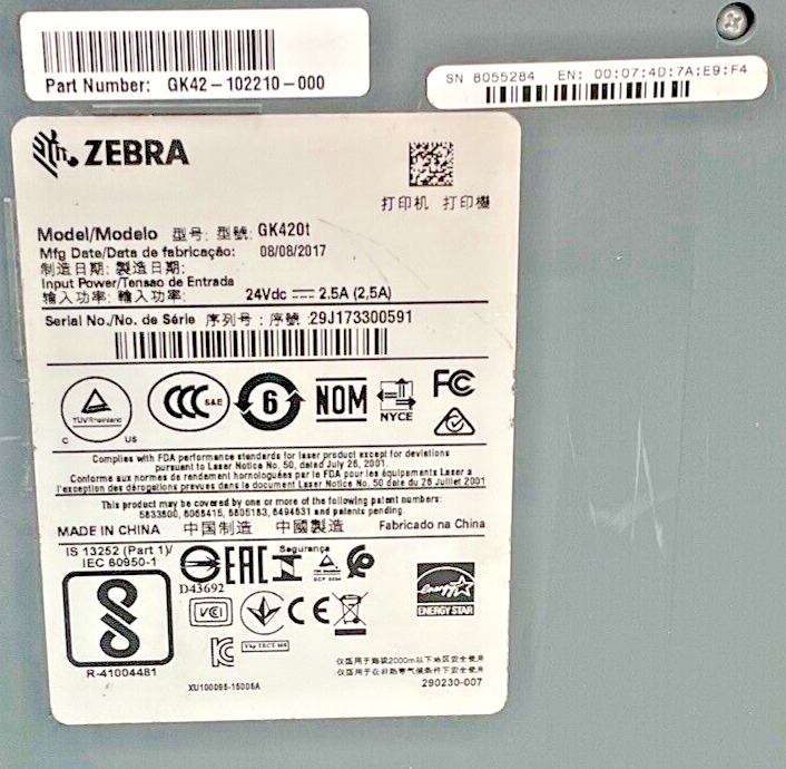 ZEBRA GK420T THERMAL LABEL PRINTER 24VDC 2.5A *NO POWER CORD*1