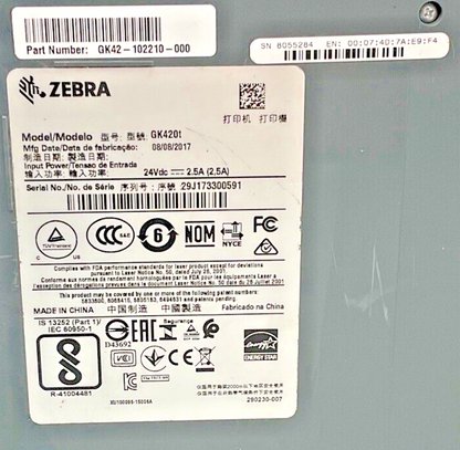 ZEBRA GK420T THERMAL LABEL PRINTER 24VDC 2.5A *NO POWER CORD*1