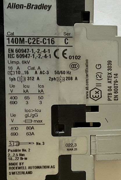 ALLEN BRADLEY 140M-C2E-C16 STARTER SER.C 10-16A W/140M-C-AFAR10A10 SER.A2
