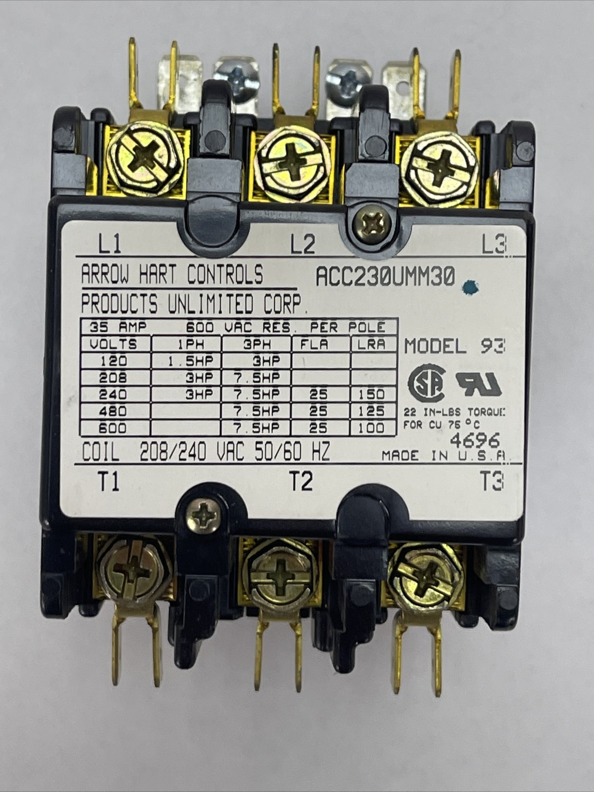 ARROW HART 60117 ACC230UMM30 DIFINITE PURPOSE MAGNETIC CONTACTOR 208/240VAC 25A2