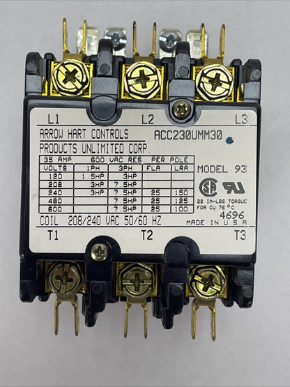 ARROW HART 60117 ACC230UMM30 DIFINITE PURPOSE MAGNETIC CONTACTOR 208/240VAC 25A2