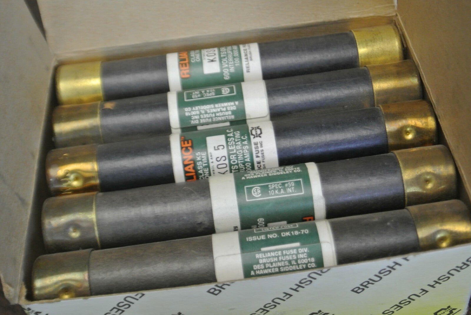 BOX of 10 / RELIANCE / BRUSH KOS5 ONE-TIME CLASS K5 FUSE / 5A / 600V NEW SURPLUS0