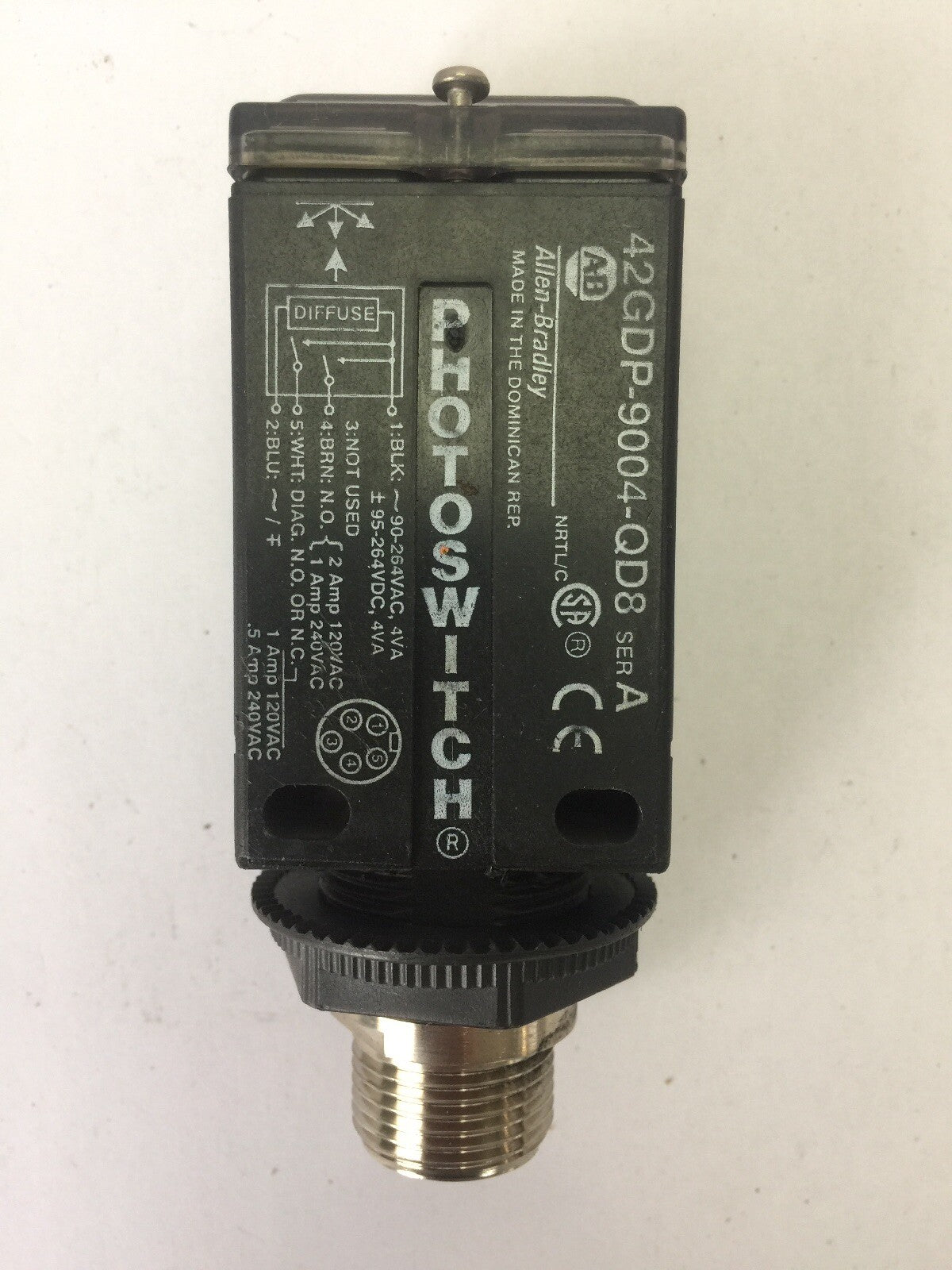 ALLEN BRADLEY 42GDP-9004-QD8 PHOTOSWITCH DIFFUSE DIAGNOSTIC SENSOR 90-264VAC 2