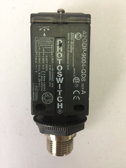 ALLEN BRADLEY 42GDP-9004-QD8 PHOTOSWITCH DIFFUSE DIAGNOSTIC SENSOR 90-264VAC 2