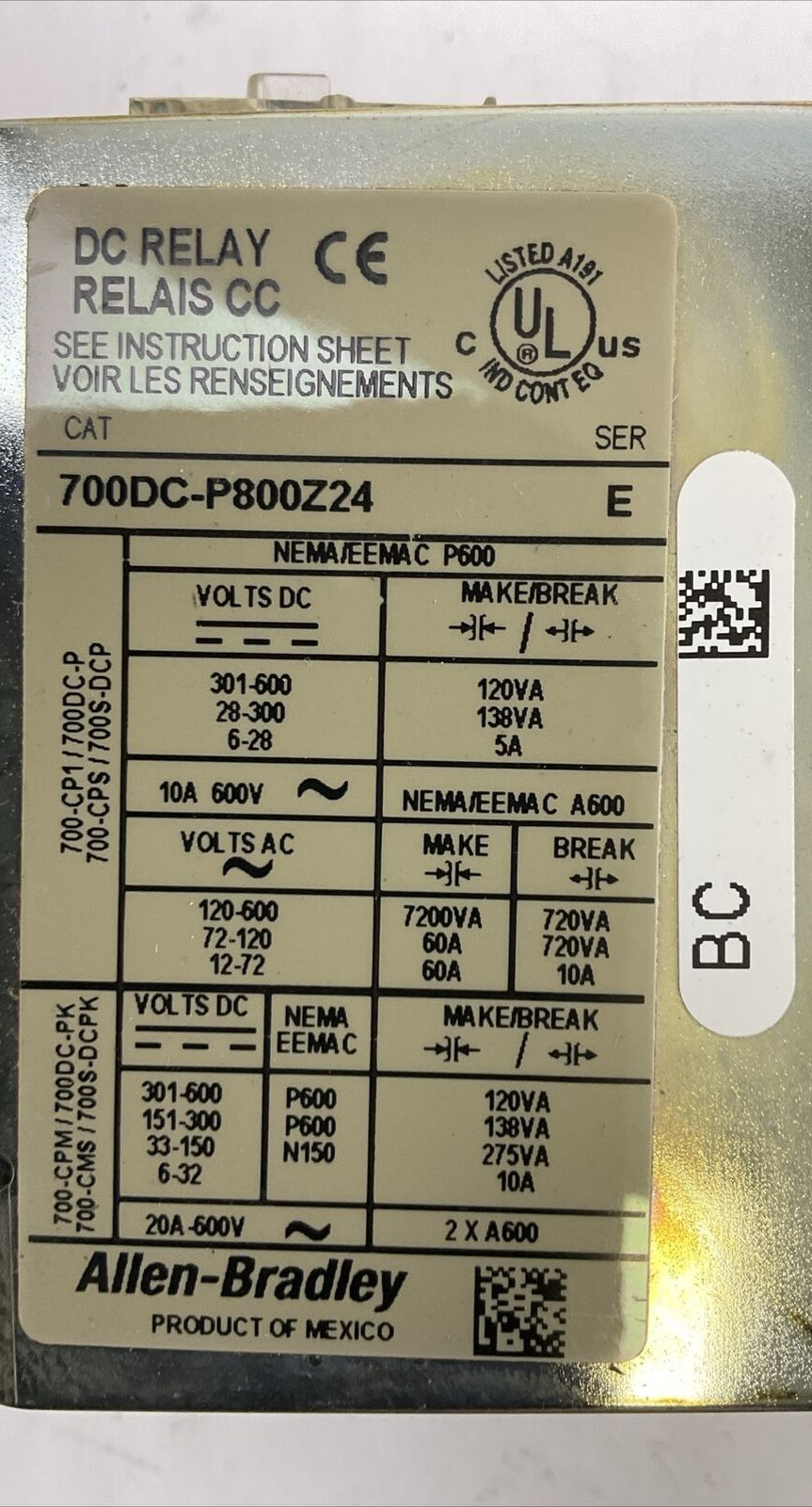ALLEN BRADLEY 700DC-P800Z24 SER E DC RELAY COIL 24VDC 700-PC40 SER E1