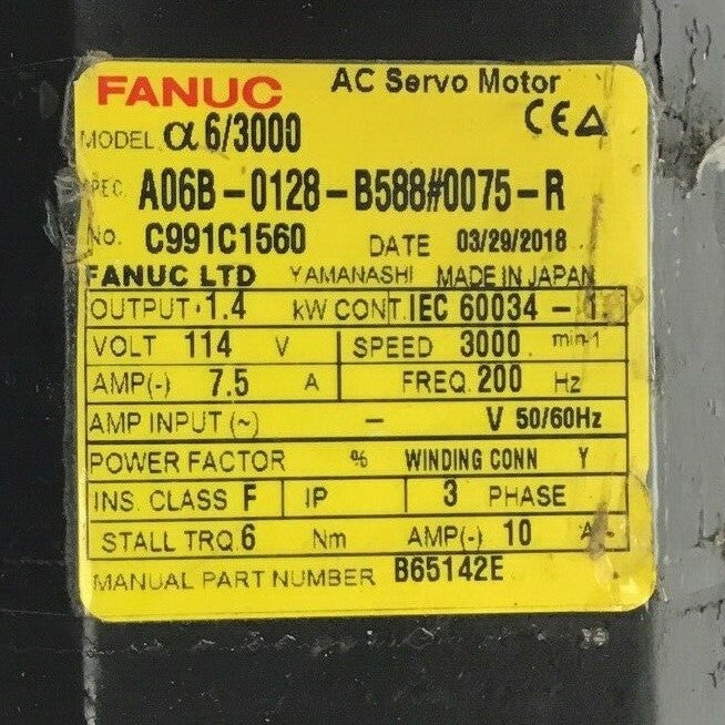 FANUC AO6B-0128-B588#0075-R AC SERVO MOTOR 3PH 7.5A 114V ***PARTS***1